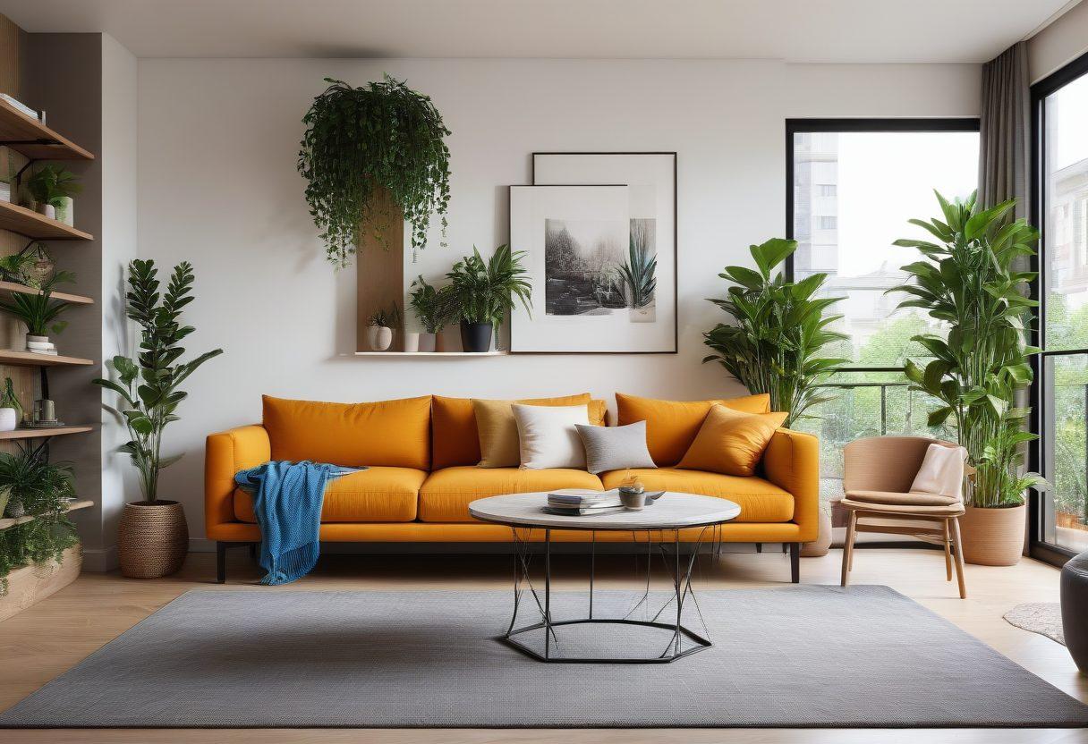 A cozy, modern apartment interior showcasing smart furniture arrangements, like a foldable dining table and a multi-functional sofa, surrounded by vibrant plants and stylish decor. Large windows bringing in natural light, with cozy textiles and artistic wall elements creating a harmonious aesthetic. The space feels open yet functional, reflecting a blend of comfort and style. super-realistic. vibrant colors. minimalist design.