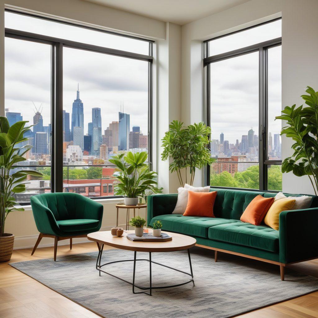 A stylish living room adorned with modern furniture and vibrant plants, with a couple discussing rental agreements at a sleek coffee table. Include a window with a cityscape view in the background, symbolizing urban rental opportunities. The scene should evoke a sense of comfort, warmth, and smart decision-making in home leasing. super-realistic. vibrant colors. soft lighting.